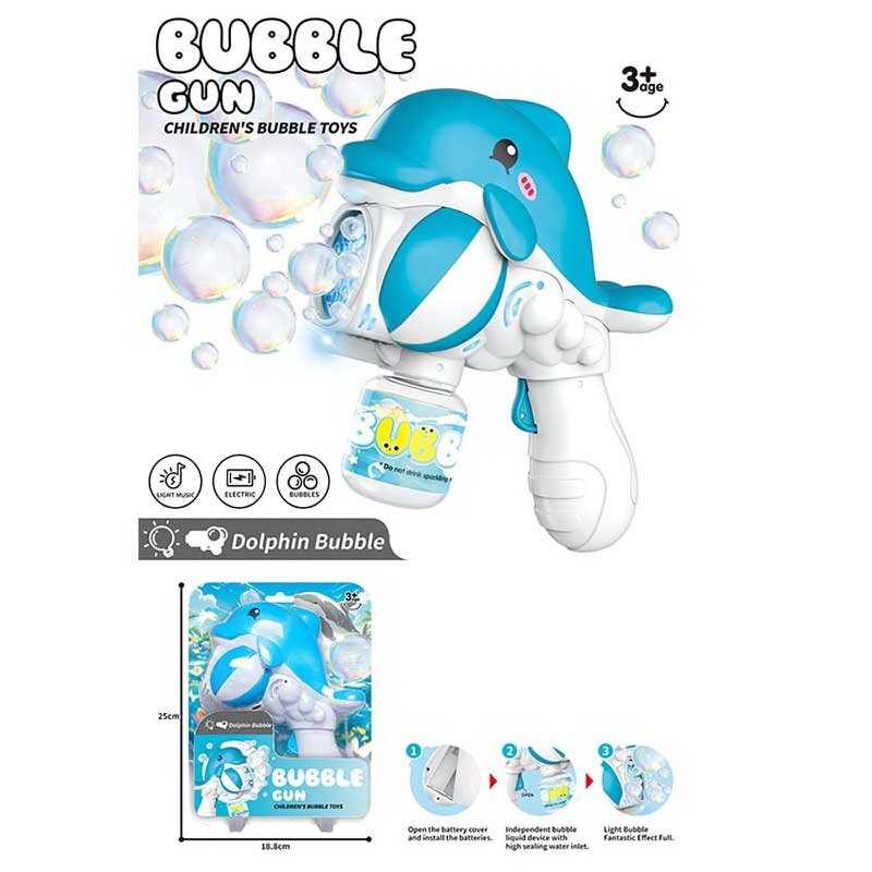 Пістолет з мильними бульбашками 2233 (50) “Дельфін”, автоматичний принцип роботи, на батарейках, підсвічування, мильний розчин, на листі 