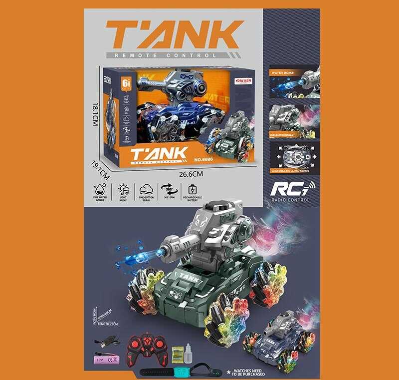 Танк на радіокеруванні 6685 (24) підсвічування, 2 режими: з мелодіями/без звуку, стріляє орбізами, парогенератор, оберти на 360°, рухи по діагоналі, 2 види керування: браслет/пульт, акумулятор 3.7 V, пульт 2.4 GHz, в коробці