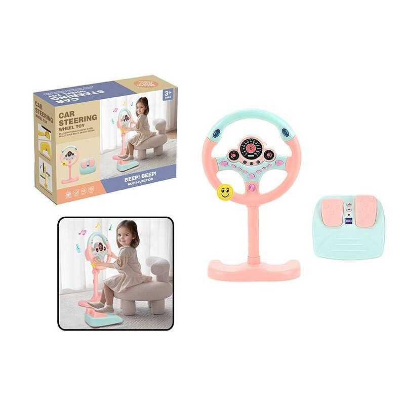 Кермо 2192 E-72 Штрихкод=92477 (18) колір РОЖЕВИЙ, висота підставки 34 см, звукові ефекти, озвучування англійською, веселі мелодії, підсвічування, педалі гальма та газу, присоски, в коробці