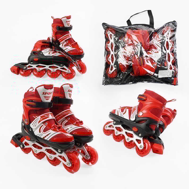 Ролики 63950-L /розмір 39-43/ колір – ЧЕРВОНИЙ (6) колеса PU, устілка 24-27 см, ПЕРЕДНЄ КОЛЕСО СВІТЛО, d – 6.5 см, в сумці