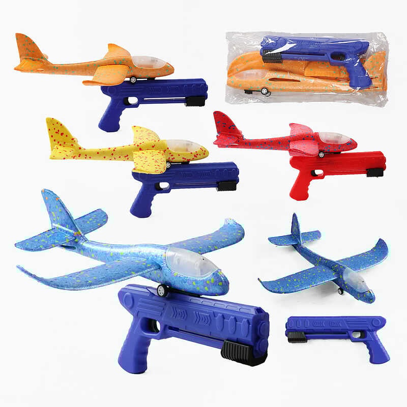 Пістолет із запускачем C 70878 (120) 4 кольори, літак, на колесах, пістолет, пусковий механізм, механічний принцип роботи, підсвічування літака, в пакеті ВИДАЄТЬСЯ ТІЛЬКИ МІКС ВИДІВ
