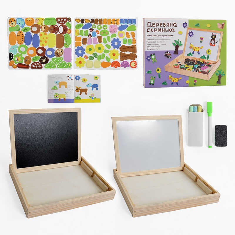 Дерев'яна магнітна дошка 16057 (36) "WToys", магніти, фломастер, губка для стирання, крейда, в коробці