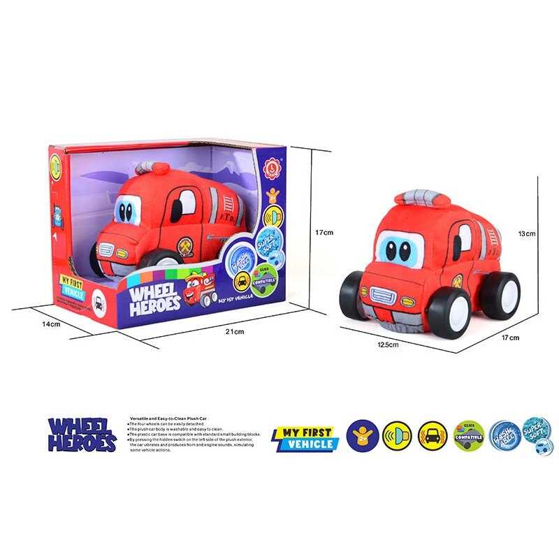 Машинка м`яка QL 8002 C-5 (48) “Пожежна машина”, герой, звуки, музика, вібрує, знімний чохол, на батарейках, в коробці 