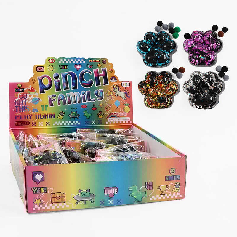 Гра антистрес C 71324 (24) ЦІНА ЗА 16 ШТУК В БЛОЦІ, "Лапка", м'які кульки, блискітки, розмір 7х6х2.5 см, в коробці