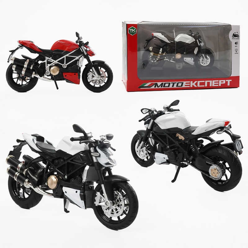 Мотоцикл BG 12-854 (48/2) "Мото Експерт", 2  кольори, металопластик,   масштаб 1:12, прогумовані колеса, підсвічування, звук, амортизація, платформа, в коробці