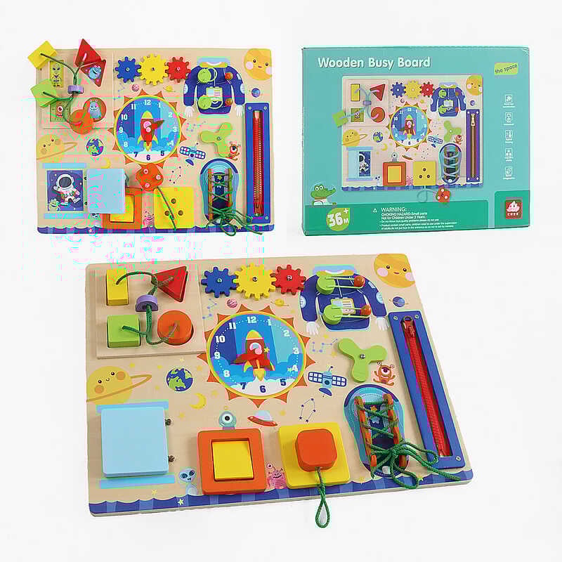 Бізіборд C 71020 (15) дерев’яний, шестерні, геометричний сортер, спіннер, застібки, годинник, в коробці