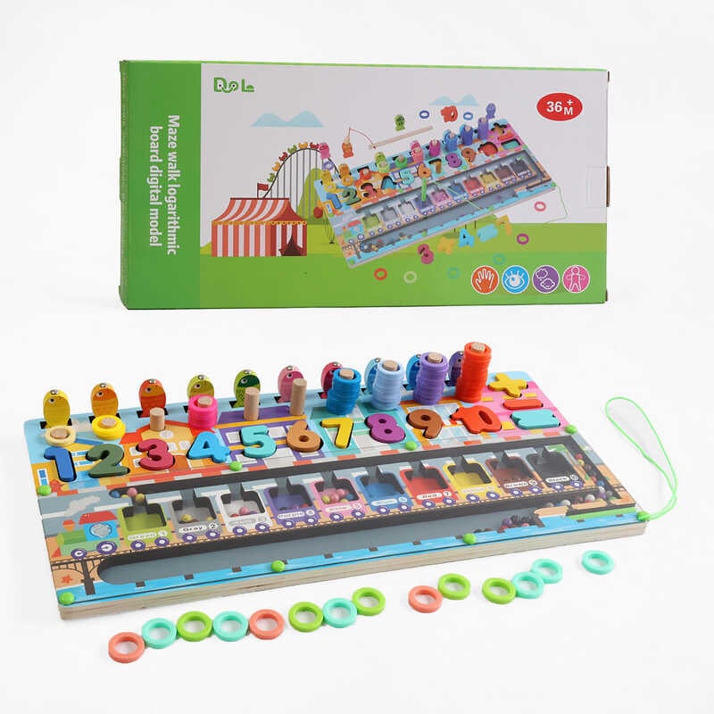 Дошка логічна D 38475 (20) дерев’яна, магнітна гра, магнітна риболовля, дерев'яні кілочки, кольорові кільця, сортер, цифри, в коробці