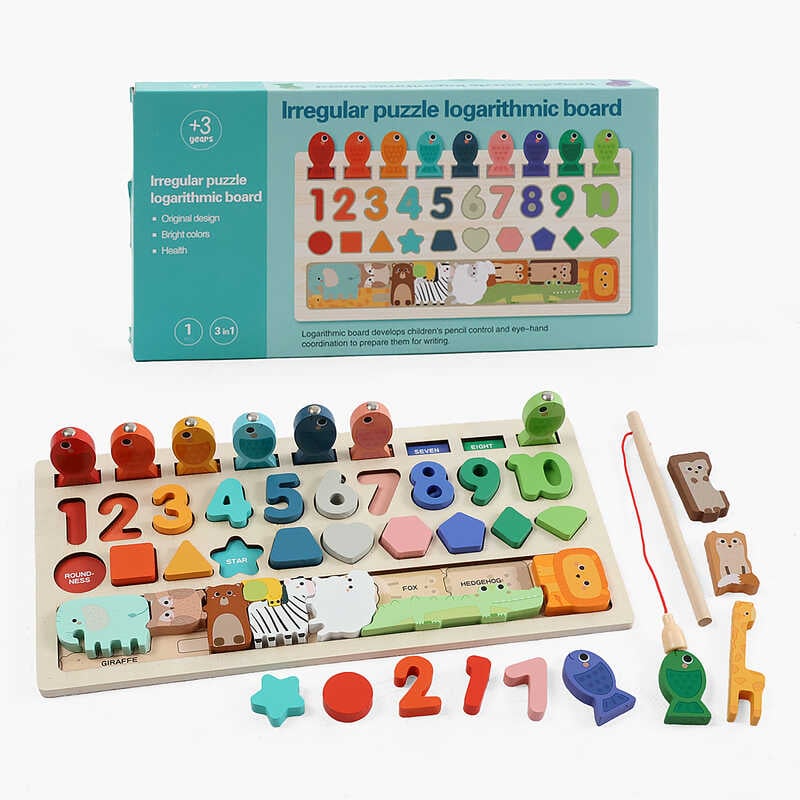 Дошка логічна C 73280 (60) магнітна риболовля, дерев’яна, назви англійською мовою, цифри, геометричні фігури, сортер, мішечок, тваринки, пазл, в коробці