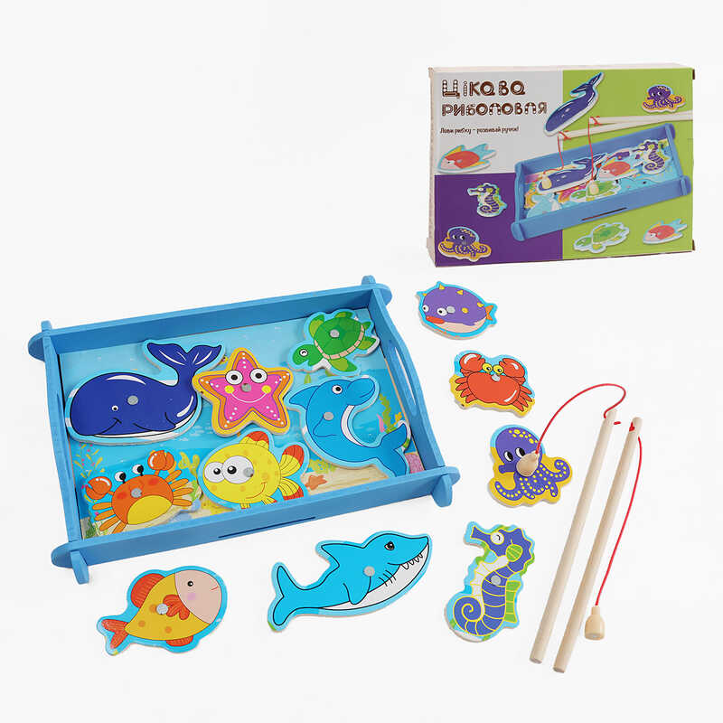 Магнітна риболовля 28538 (40) "WToys", дерев'яна, 2 вудочки, рибки, в коробці
