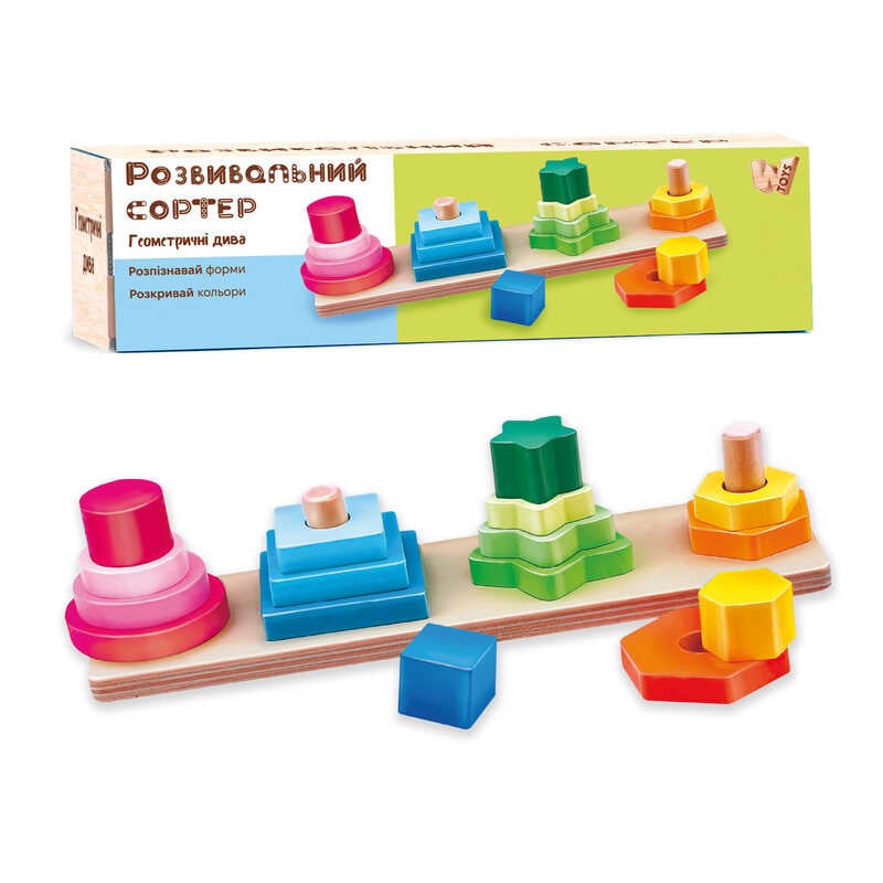 Дерев`яна пірамідка 35485 "Логіка" (84) "WToys", сортер, 16 геометричних фігур, в коробці