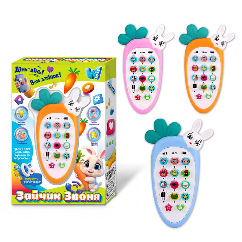 Телефон "Зайчик Звоня" 80650 (96) "WToys", 3 кольори, ОЗВУЧ УКР МОВОЮ, підсвічування, казки, пісні, скоромовки, в коробці, ВИДАЄТЬСЯ ТІЛЬКИ МІКС 