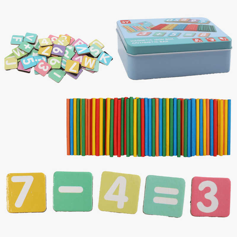 Логічна гра C 73828 (120)  дерев`яні магніти, англійська абетка,  цифри, математичні позначки, приклади,  палички, кольори, в боксі