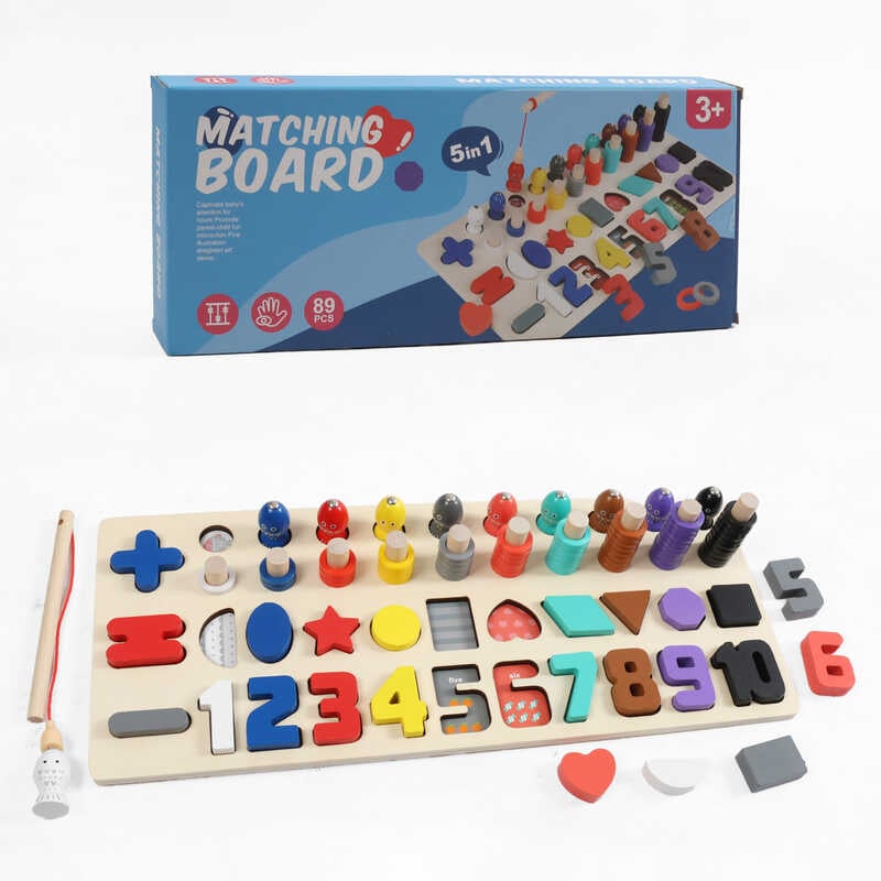 Логічна дошка C 74256 (30) дерев’яна, 89 деталей, цифри, геометричні форми, магнітна риболовля, гра з кілочками, в коробці