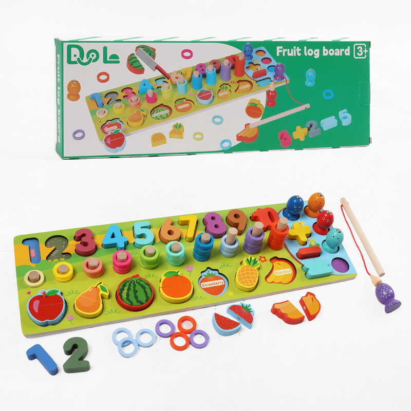 Логічна дошка C 74283 (20) дерев’яна, цифри, фрукти на магнітах, магнітна риболовля, гра з кілочками, в коробці
