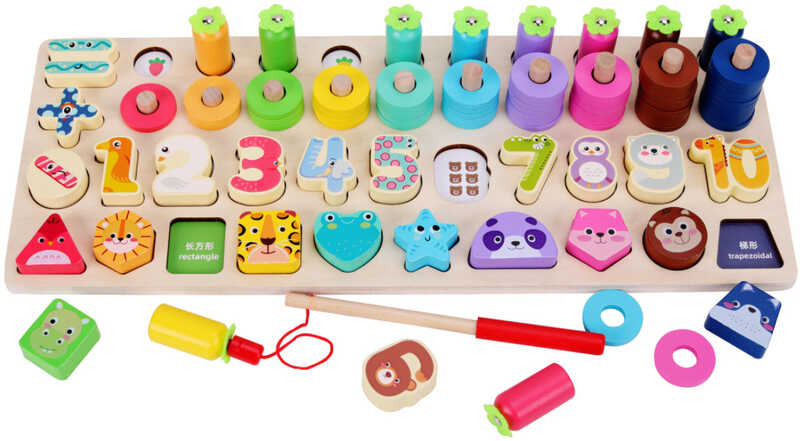 Логічна дошка C 74157 (18) дерев’яна, гра з кілочками, кольорові кільця, вкладиші, цифри, форми, магнітна гра, в коробці