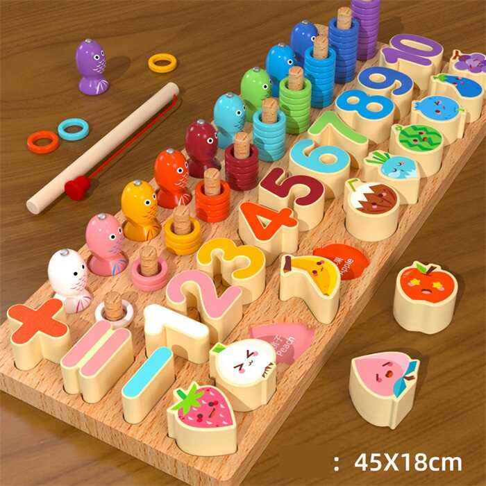 Дошка логічна С 74472 (18) дерев’яна, гра з кілочками, назви англ. мовою, магнітна риболовля, вкладиші, цифри, овочі, фрукти, кольорові кільця, сортер, в коробці
