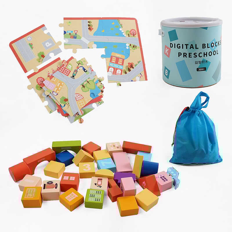 Конструктор C 74301 (12) 122 елементи, дерев’яні, мішечок для зберігання, пазли, у відрі