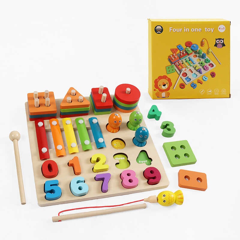 Логічна дошка F 43614 (32) дерев`яна, магнітна риболовля, кілочки, сортер за кольорами та формами, цифри, ксилофон, назви англ. мовою, в коробці