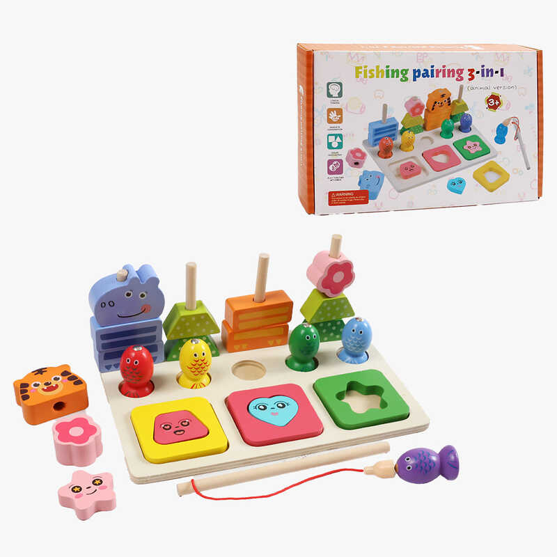 Логічна дошка F 43648 (36) дерев’яна, магнітна риболовля, гра з кілочками, сортер за формами, в коробці