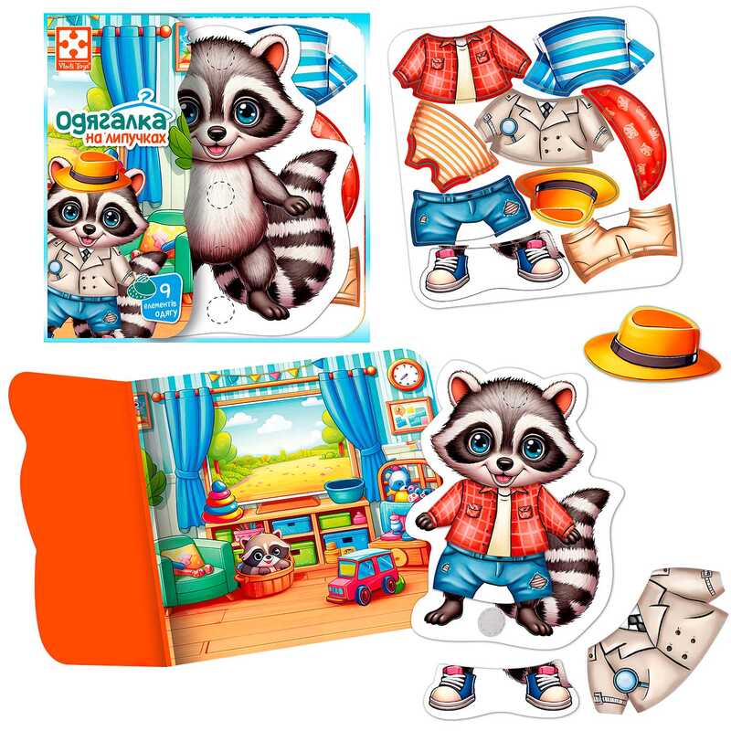 гр Гра розвиваюча з липучками "Єнотик" VT1320-02 (20) "Vladi Toys", фігурка тваринки, 9 предметів одягу, ігровий фон