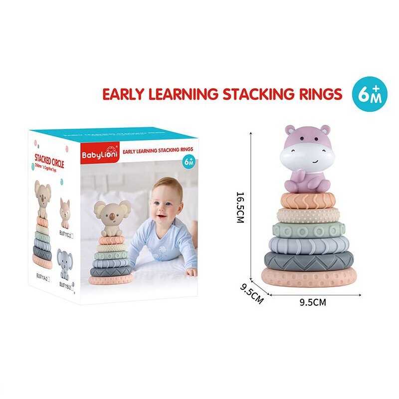 Пірамідка BL 8711 D2 (60) “Бегемотик”,  розмір: 9.5х9.5х16.5 см, гумова, 6 кілець, фігурка тварини, в коробці