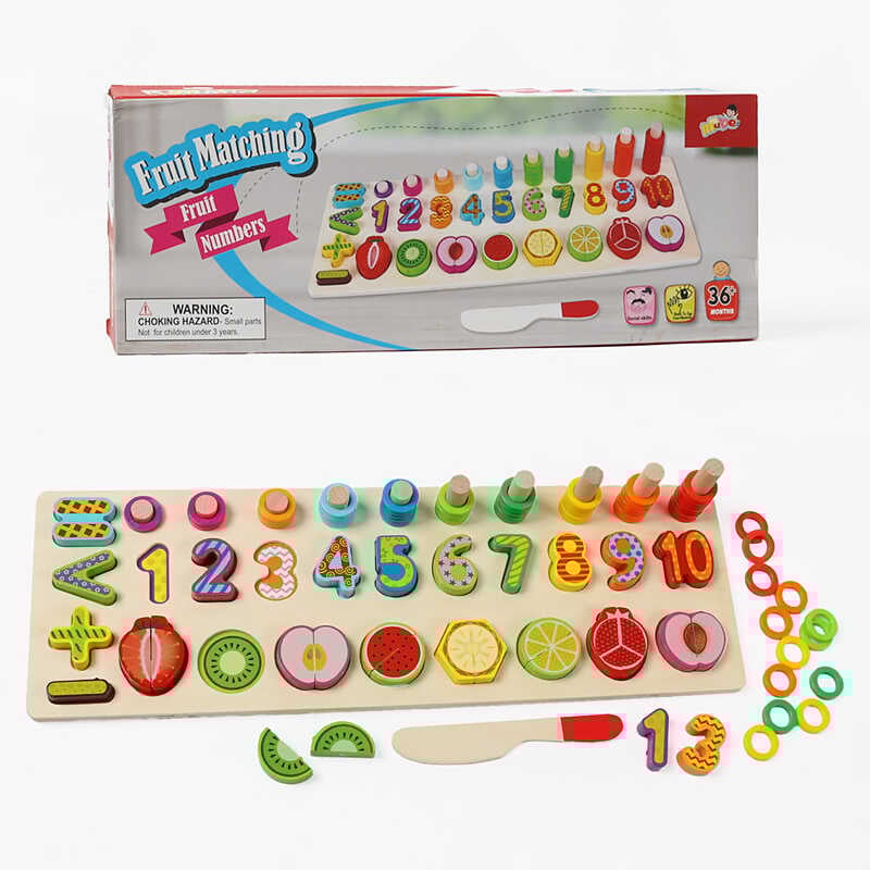 Логічна дерев’яна дошка C 74209 (40) дерев’яна, геометричний сортер, цифри, фігурки на магнітах, іграшковий ніж, в коробці