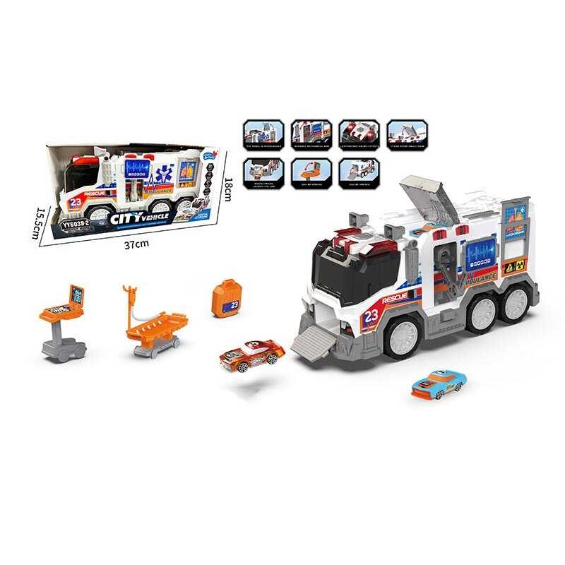 Спецтехніка YY 6039-2 (8) “Швидка допомога”, світло, звук транспорту, інерція, медичні атрибути, 2 машинки, рухомі частини, в коробці