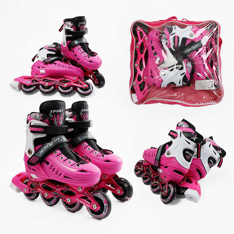 Ролики 601-87 L /розмір 39-43/ колір – Рожевий (6) колеса PU, ПЕРЕДНЄ КОЛЕСО СВІТЛО, d – 6.5 см, в сумці