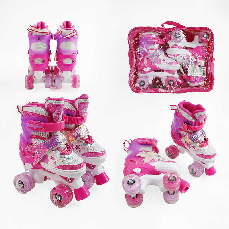 Ролики 60210-90 М розмір 34-38 (6) колір Рожевий, колеса PU, КОЛЕСА ЗІ СВІТЛОМ, устілка 21-23 см, d коліс – 4,5 см, в сумці