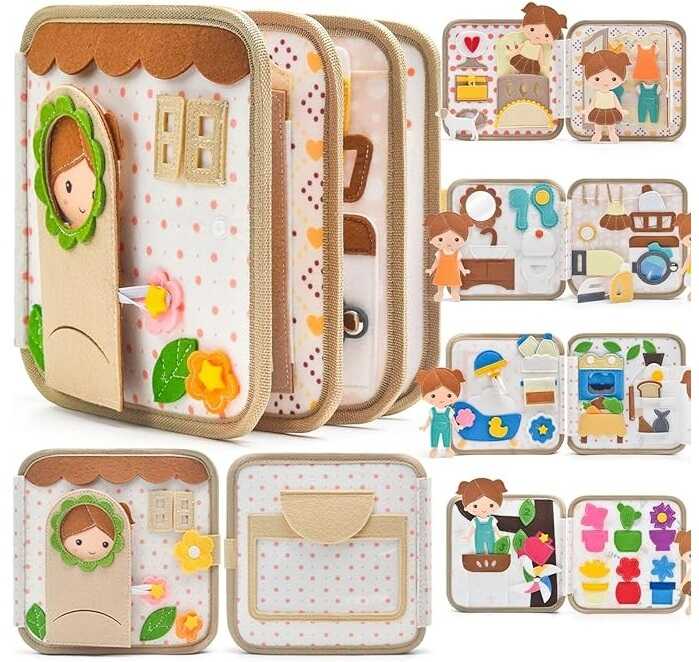 М`яка книжка-бізіборд С 75319 (36) 10 сторінок, фетрова лялечка, липучки, застібки, шнурки, гудзики, гардероб, одяг, ванна з дзеркальцем, в коробці