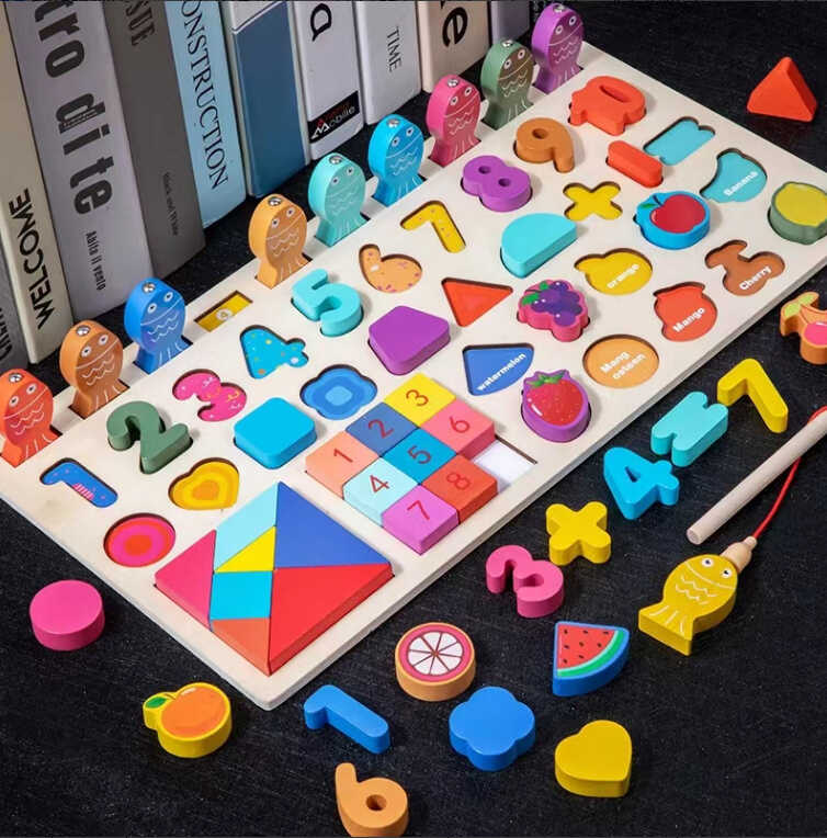 Дерев’яна логічна дошка С 75504 (24) танграм, магнітна риболовля, сортер, цифри, арифметичні знаки, фрукти англійською, геометричні фігури, в коробці