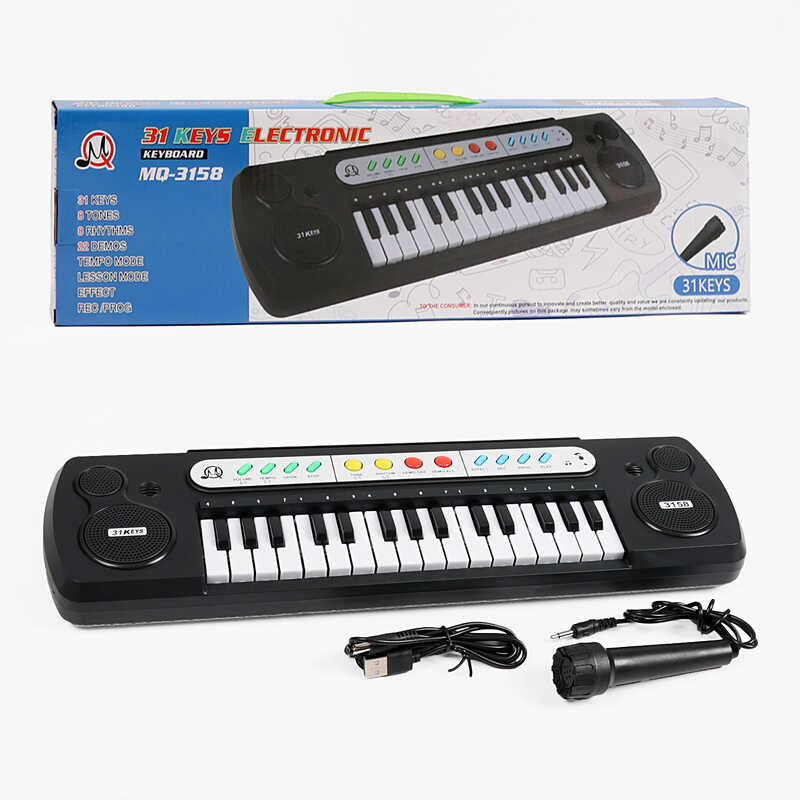 Синтезатор MQ 3158 (48/2) 31 клавіша, мікрофон, мелодії, запис та відтворення звуків, працює від мережі та батарейок, USB-кабель, барабани, в коробці