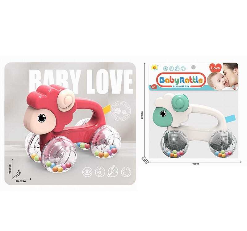 Каталка 2859-2 (192/2) 2 кольори, довжина 14.5 см, брязкальце: прозорі колеса з кульками, ручка для тримання, в пакеті