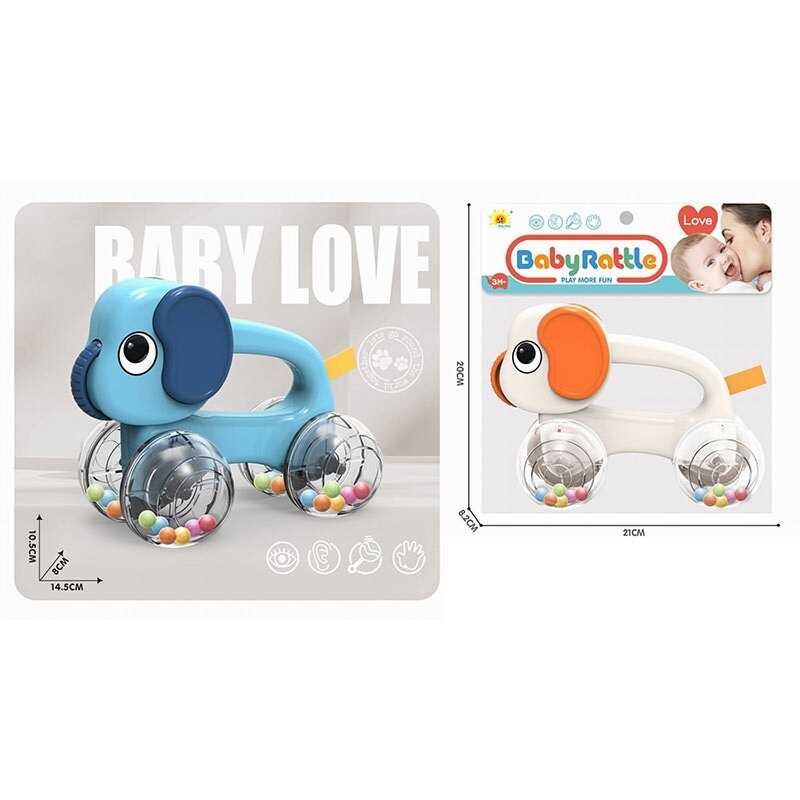 Каталка 2859-3 (192/2) 2 кольори, довжина 14.5 см, брязкальце: прозорі колеса з кульками, ручка для тримання, в пакеті