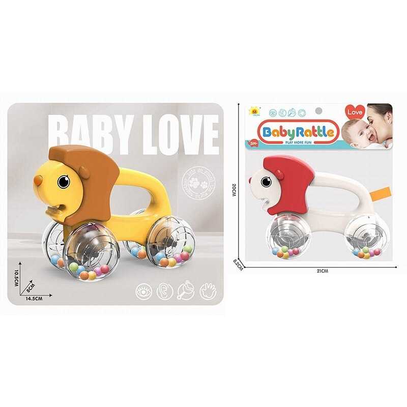 Каталка 2859-5 (192/2) 2 кольори, довжина 14.5 см, брязкальце: прозорі колеса з кульками, ручка для тримання, в пакеті