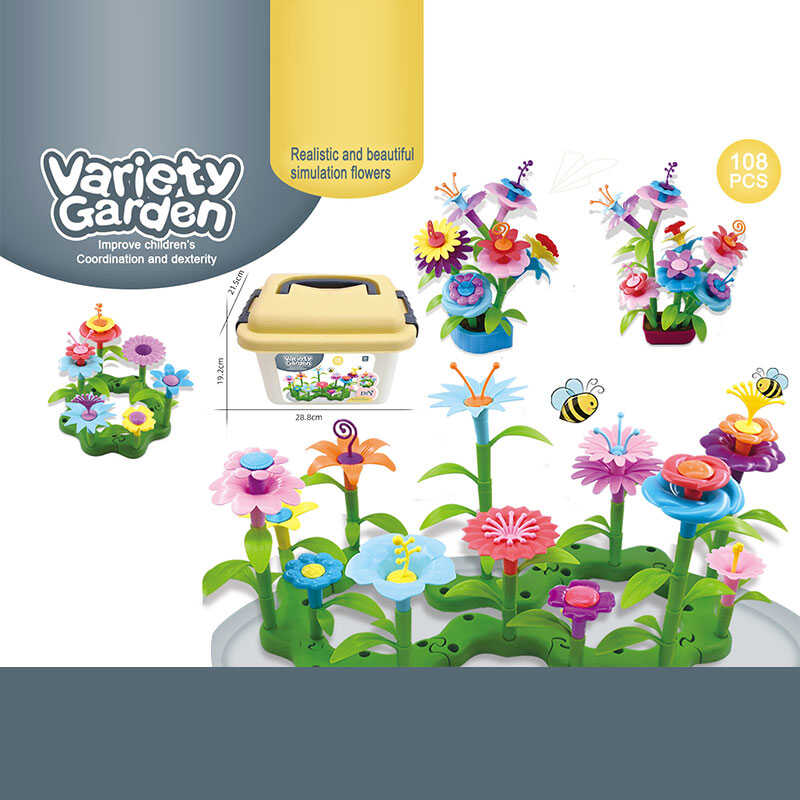 Конструктор B 6969-8 (36/2) “Квітковий сад”, 108 елементів, 2 вазончики, звивиста зелена основа, квіти, листочки зі стеблами, в боксі 