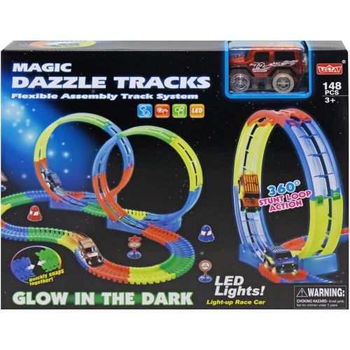 Трек 148 деталей, машинка на батарейках, підсвічування, неоновий трек, в коробці