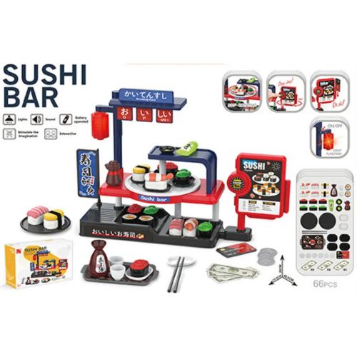 Набір ігровий "Суші-бар", 66 елементів, підсвічування , звукові ефекти, суші, монети, купюри, тарілки, палички, соус