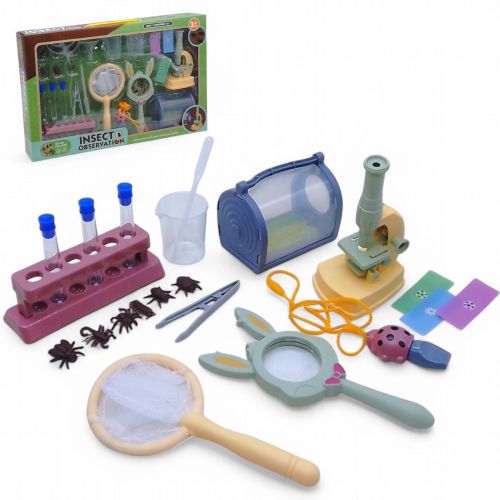 Набір дослідів (мікроскоп, лупа, сачок, пінцет, моделі комах, пробірки) в коробці