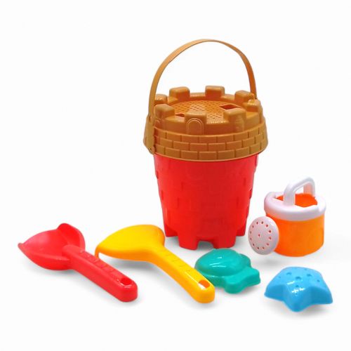 Пісочний набір  6 елементів - відро, сито, лопатка, граблі, формочки (кораловий)