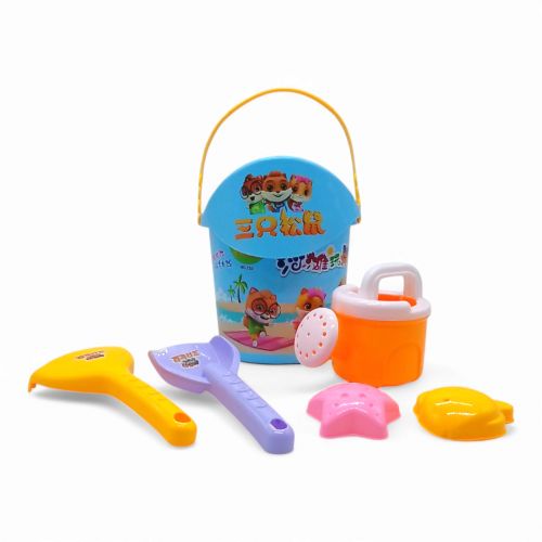 Пісочний набір 6 елементів - відро, сито, лійка, лопатка, граблі, формочки (блакитний)