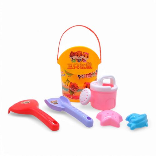 Пісочний набір 6 елементів - відро, сито, лійка, лопатка, граблі, формочки (жовтий)