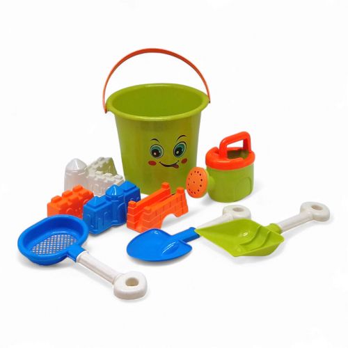 Пісочний набір  - відро, лопатка, граблі, сито, лійка, формочки