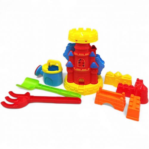 Пісочний набір (млин, лійка, граблі, лопатка, 4 форми для піску)