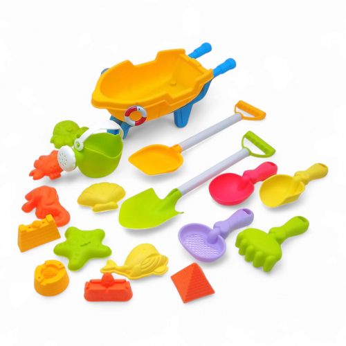 Пісочний набір - тачка 25 х 12 х 10 см, граблі, лопатки, сито, лійка, 10 формочок