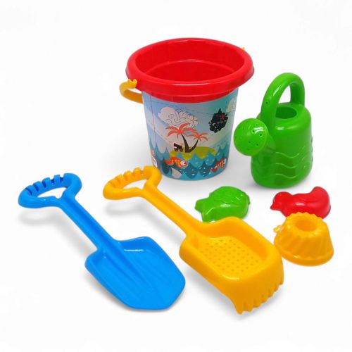 Пісочний набір - відерце, лійка, лопатка, граблі-сито, 3 формочки