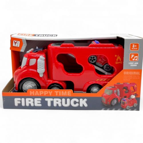 Вантажівка автовоз пожежна з машинкою, технікою, світло, звук (ЧЕРВОНА)