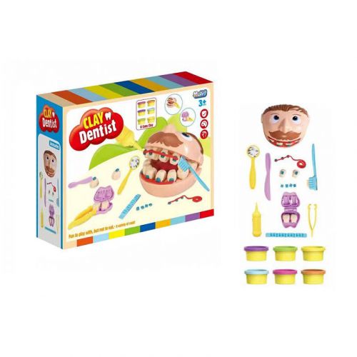 Тісто для ліплення SM 8097 (48/2) “Стоматолог”, муляжі щелеп, рот чоловічка відкривається, 6 баночок з тістом, форма для виготовлення зубів, інструменти, в коробці