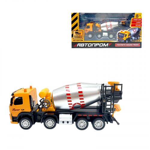 Будтехніка мет. АВТОПРОМ VOLVO Автобетонозмішувач, бат,світло,звук,рухливі деталі,у короб. 28*14*10см