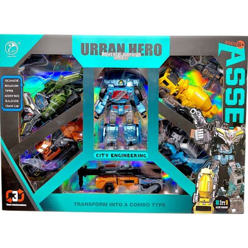 Набір трансформерів (6в1), робот висотою 48 см, бластер, екскаватор, 2 бульдозери, самоскид, кран, бетонозмішувач